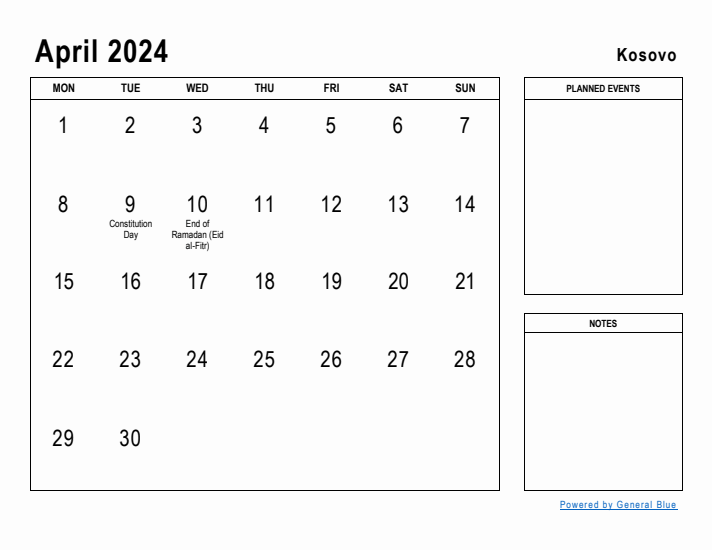 April 2024 Printable Monthly Calendar with Kosovo Holidays