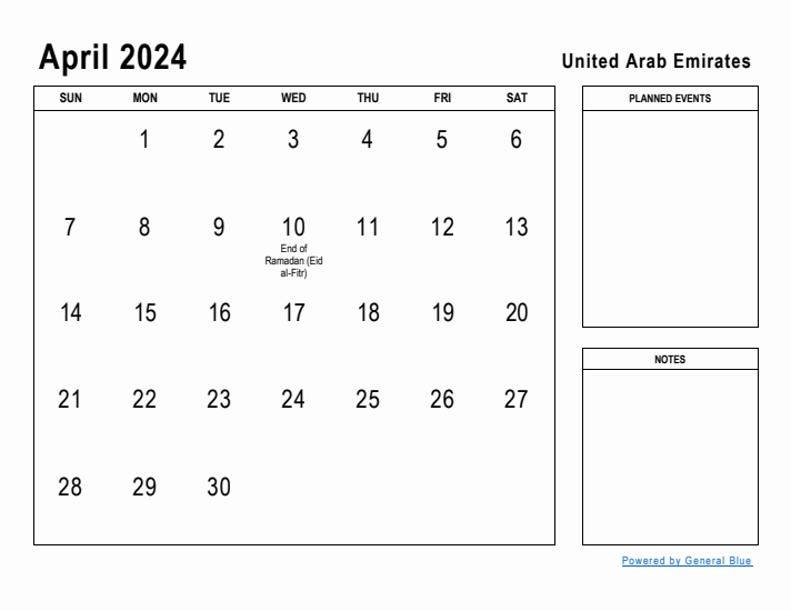 April 2024 Printable Monthly Calendar with United Arab Emirates Holidays