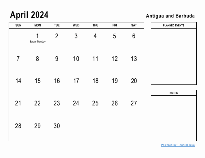 April 2024 Printable Monthly Calendar with Antigua and Barbuda Holidays