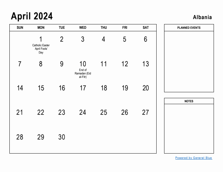 April 2024 Printable Monthly Calendar with Albania Holidays