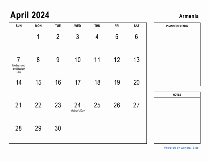 April 2024 Printable Monthly Calendar with Armenia Holidays