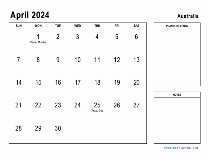 April 2024 Printable Monthly Calendar with Australia Holidays