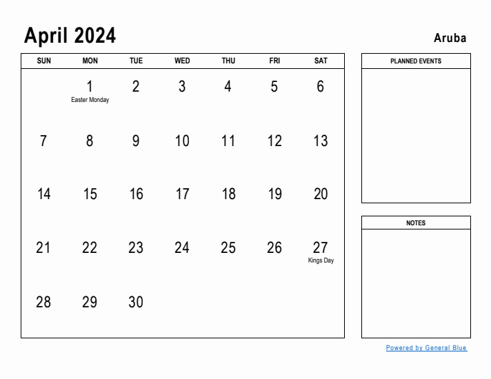 April 2024 Printable Monthly Calendar with Aruba Holidays