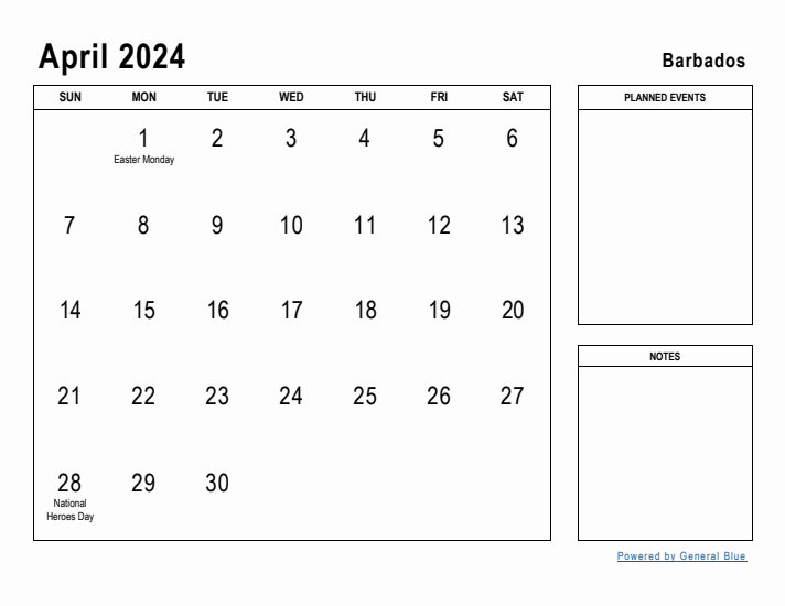 April 2024 Printable Monthly Calendar with Barbados Holidays