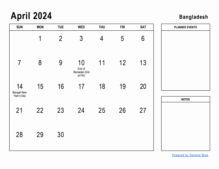 April 2024 Printable Monthly Calendar with Bangladesh Holidays