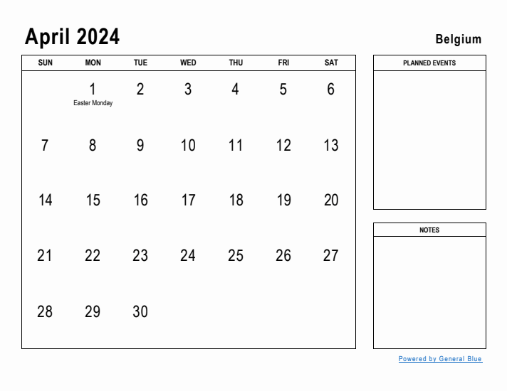 April 2024 Printable Monthly Calendar with Belgium Holidays