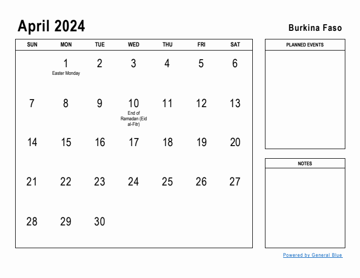 April 2024 Printable Monthly Calendar with Burkina Faso Holidays