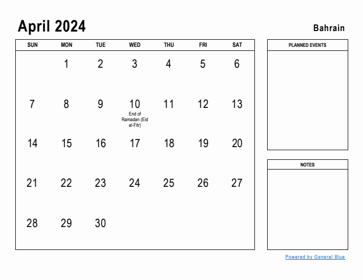 April 2024 Printable Monthly Calendar with Bahrain Holidays