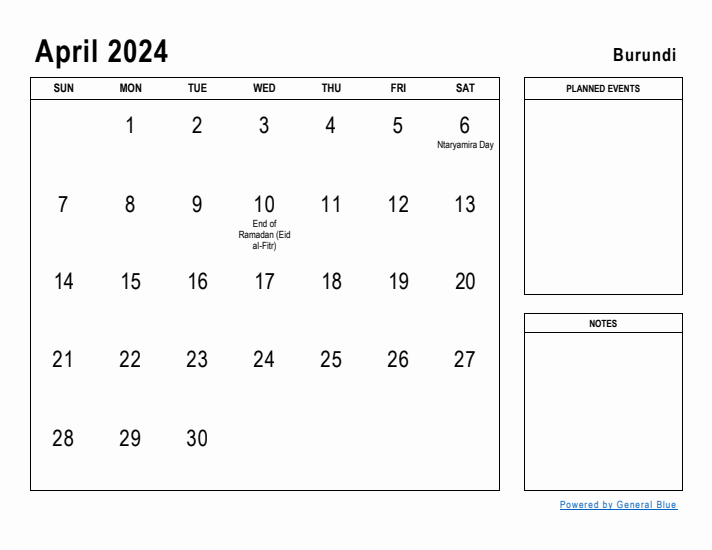 April 2024 Printable Monthly Calendar with Burundi Holidays