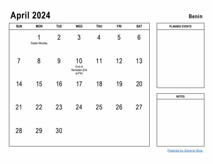 April 2024 Printable Monthly Calendar with Benin Holidays