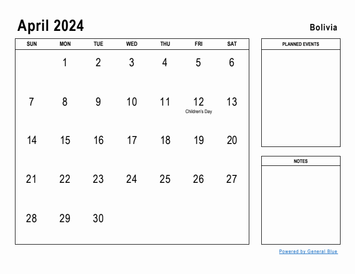 April 2024 Printable Monthly Calendar with Bolivia Holidays