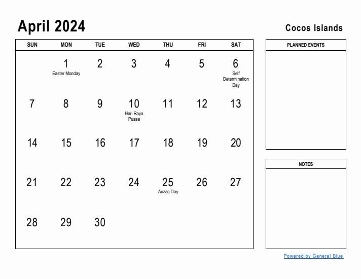 April 2024 Printable Monthly Calendar with Cocos Islands Holidays