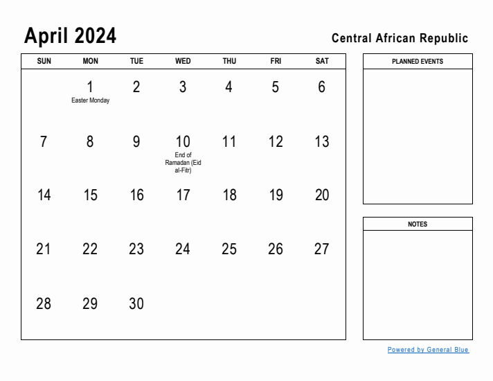 April 2024 Printable Monthly Calendar with Central African Republic Holidays