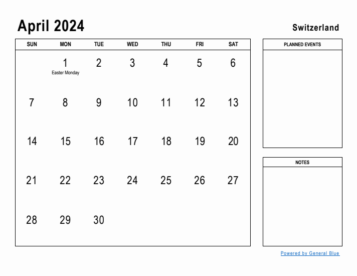 April 2024 Printable Monthly Calendar with Switzerland Holidays