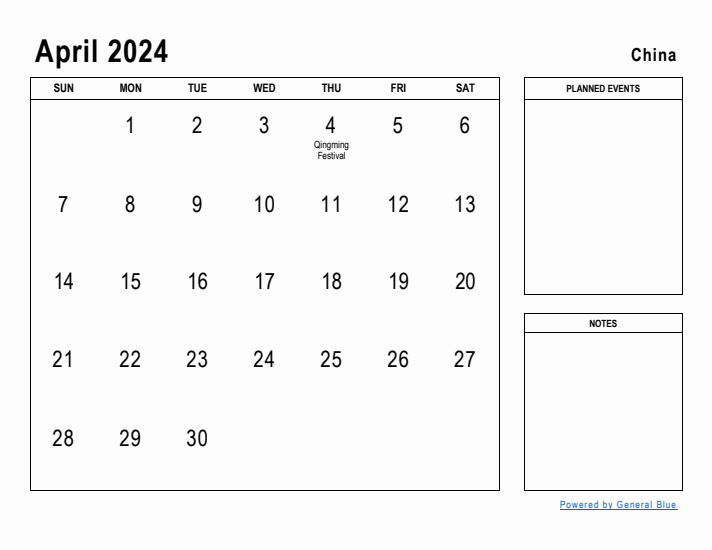 April 2024 Printable Monthly Calendar with China Holidays