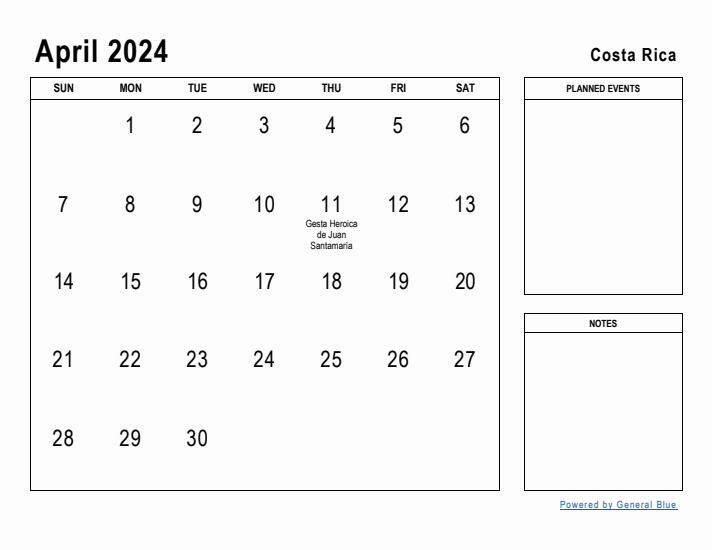 April 2024 Printable Monthly Calendar with Costa Rica Holidays