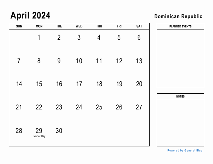 April 2024 Printable Monthly Calendar with Dominican Republic Holidays