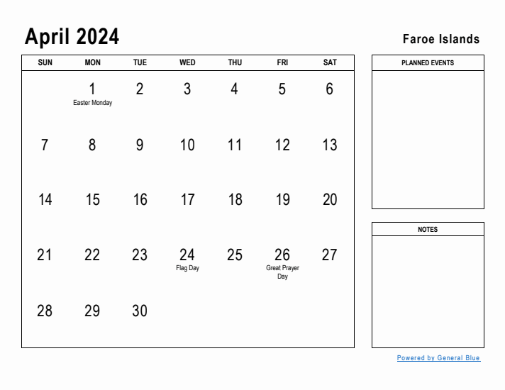 April 2024 Printable Monthly Calendar with Faroe Islands Holidays