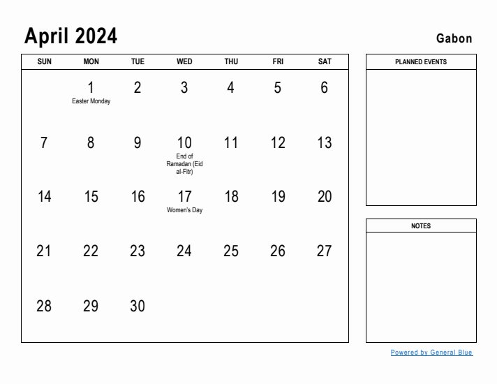 April 2024 Printable Monthly Calendar with Gabon Holidays