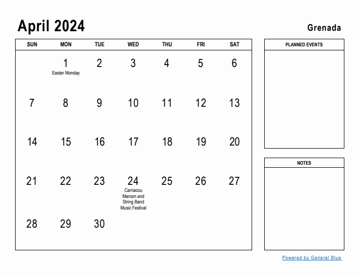 April 2024 Printable Monthly Calendar with Grenada Holidays