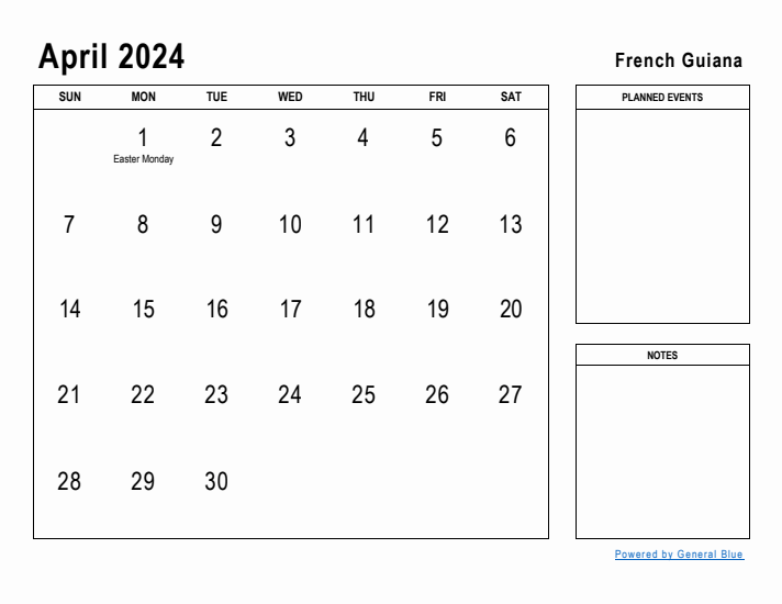 April 2024 Printable Monthly Calendar with French Guiana Holidays