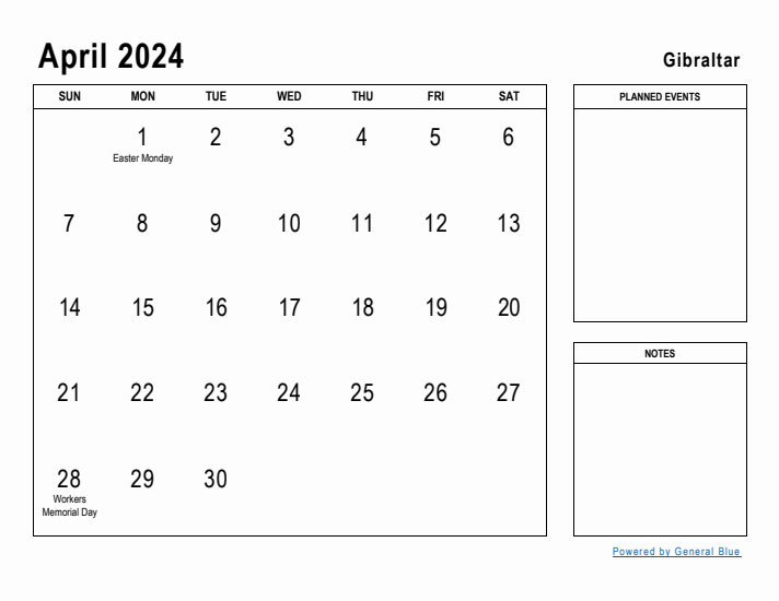 April 2024 Printable Monthly Calendar with Gibraltar Holidays