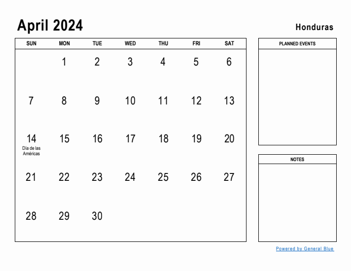 April 2024 Printable Monthly Calendar with Honduras Holidays