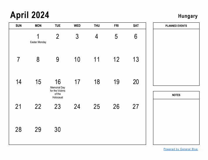 April 2024 Printable Monthly Calendar with Hungary Holidays