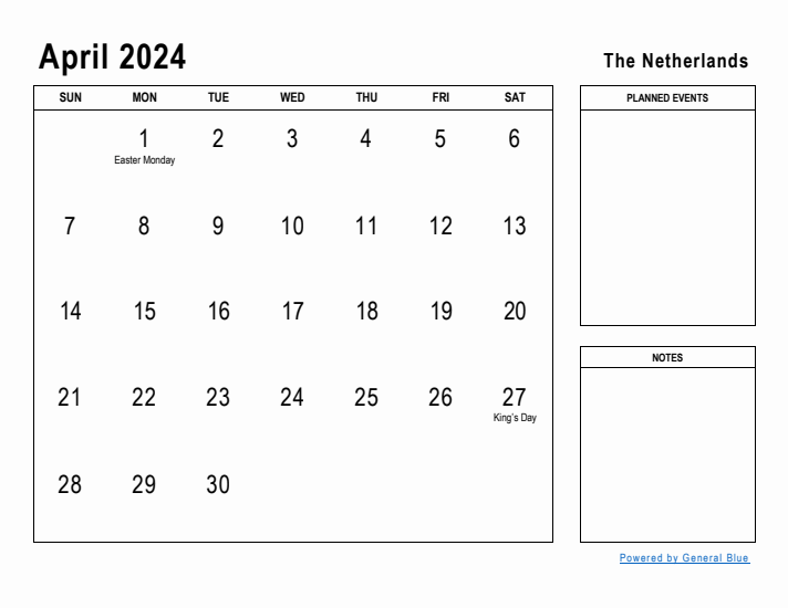 April 2024 Printable Monthly Calendar with The Netherlands Holidays