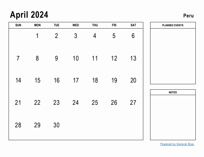 April 2024 Printable Monthly Calendar with Peru Holidays