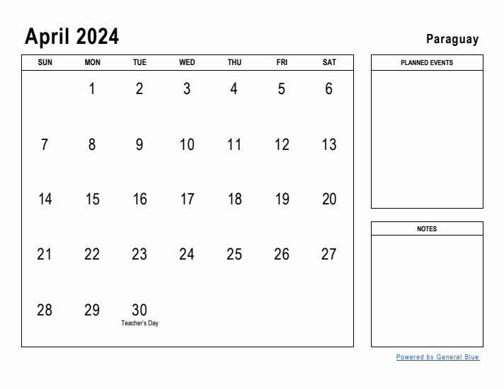 April 2024 Printable Monthly Calendar with Paraguay Holidays