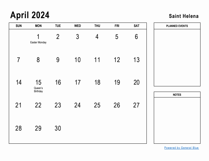 April 2024 Printable Monthly Calendar with Saint Helena Holidays