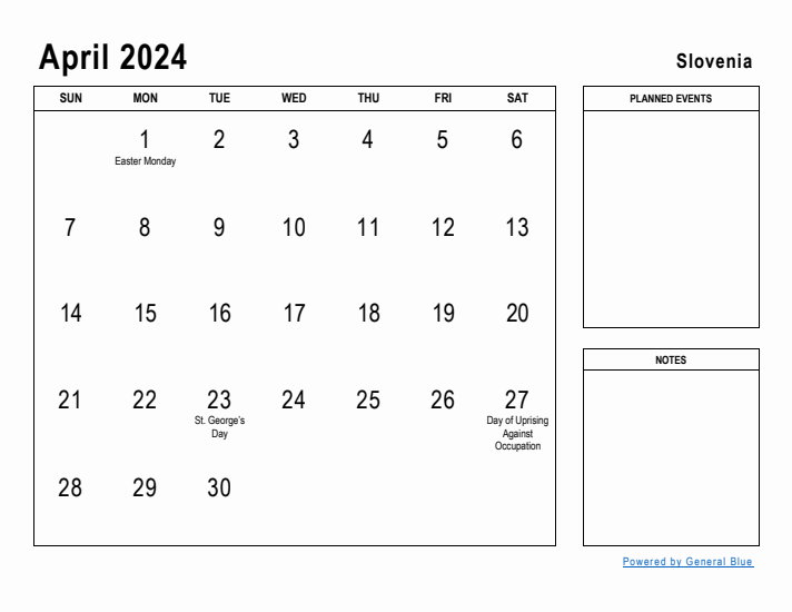 April 2024 Printable Monthly Calendar with Slovenia Holidays