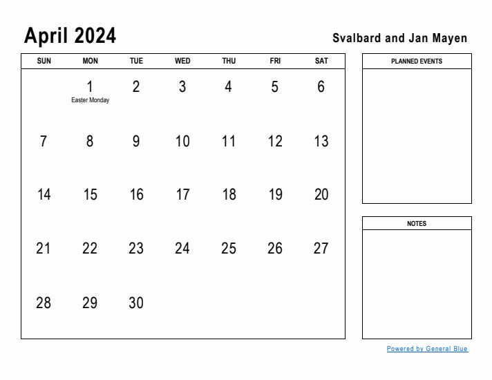 April 2024 Printable Monthly Calendar with Svalbard and Jan Mayen Holidays