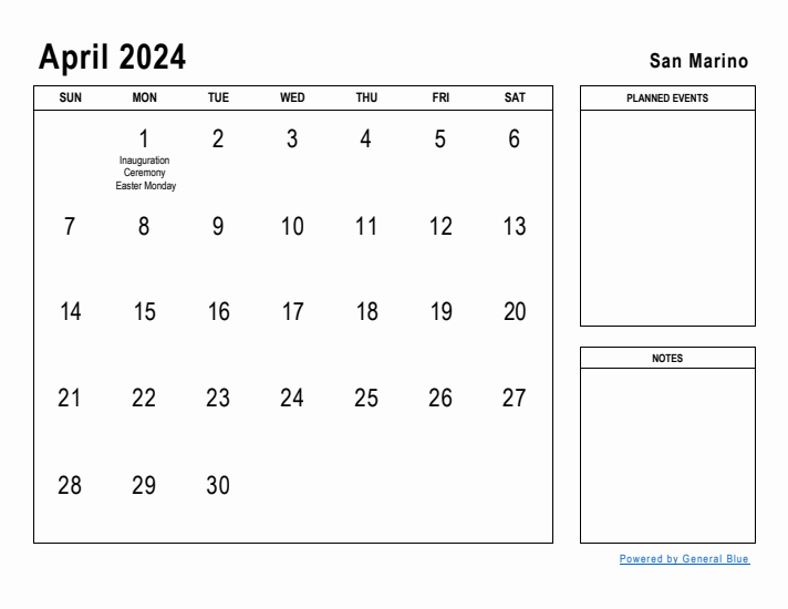 April 2024 Printable Monthly Calendar with San Marino Holidays