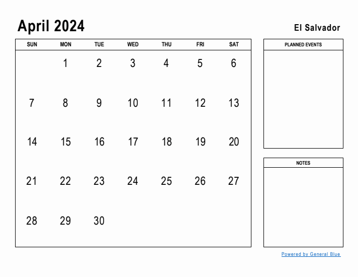 April 2024 Printable Monthly Calendar with El Salvador Holidays