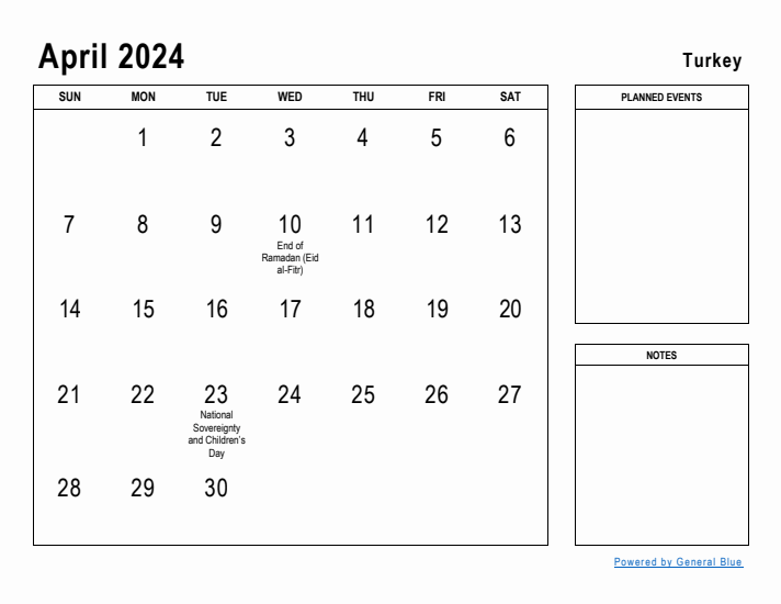 April 2024 Printable Monthly Calendar with Turkey Holidays