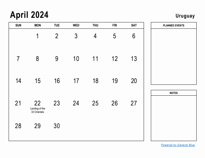 April 2024 Printable Monthly Calendar with Uruguay Holidays