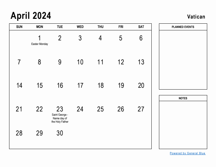 April 2024 Printable Monthly Calendar with Vatican Holidays