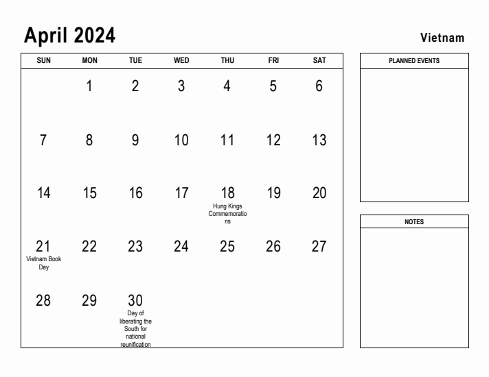 April 2024 Printable Monthly Calendar with Vietnam Holidays