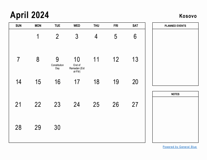 April 2024 Printable Monthly Calendar with Kosovo Holidays