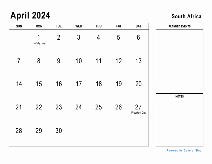 April 2024 Printable Monthly Calendar with South Africa Holidays