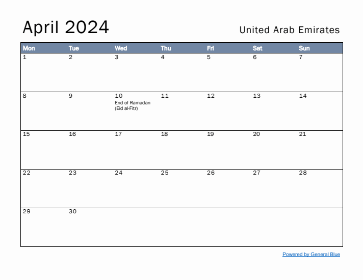 April 2024 Simple Monthly Calendar for United Arab Emirates