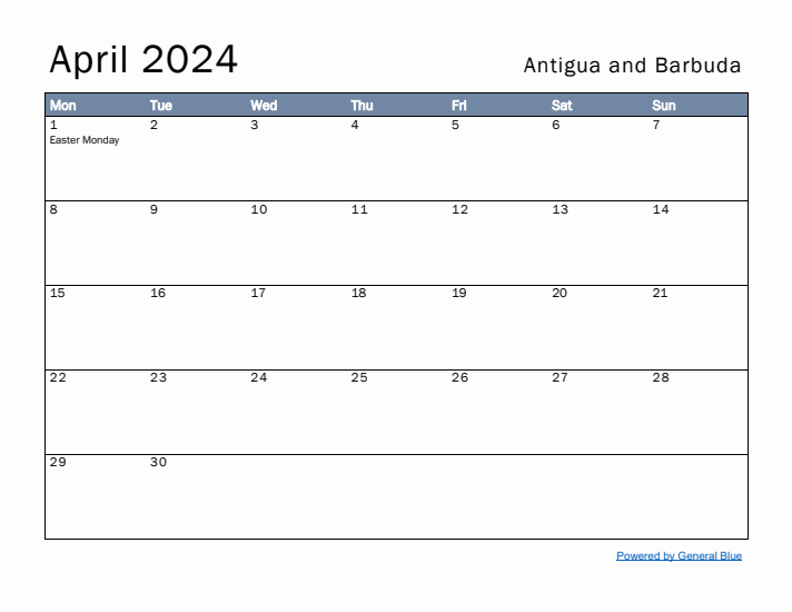 April 2024 Simple Monthly Calendar for Antigua and Barbuda