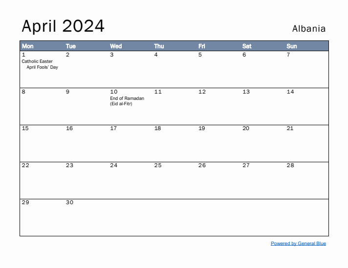 April 2024 Simple Monthly Calendar for Albania