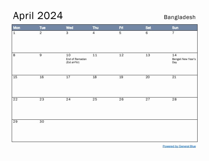 April 2024 Simple Monthly Calendar for Bangladesh