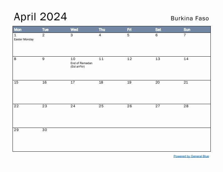 April 2024 Simple Monthly Calendar for Burkina Faso