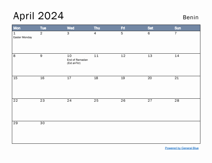 April 2024 Simple Monthly Calendar for Benin