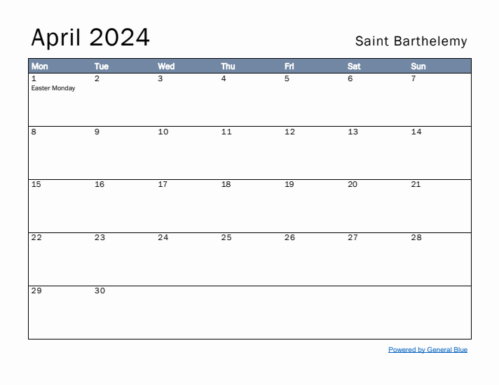 April 2024 Simple Monthly Calendar for Saint Barthelemy