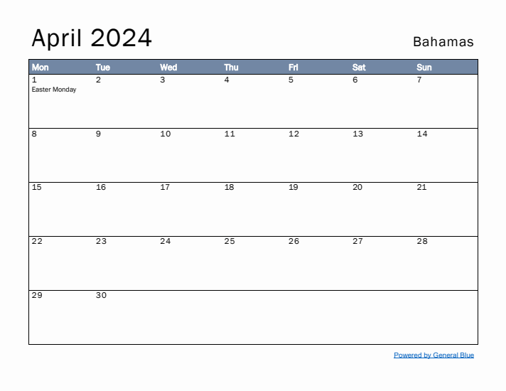 April 2024 Simple Monthly Calendar for Bahamas